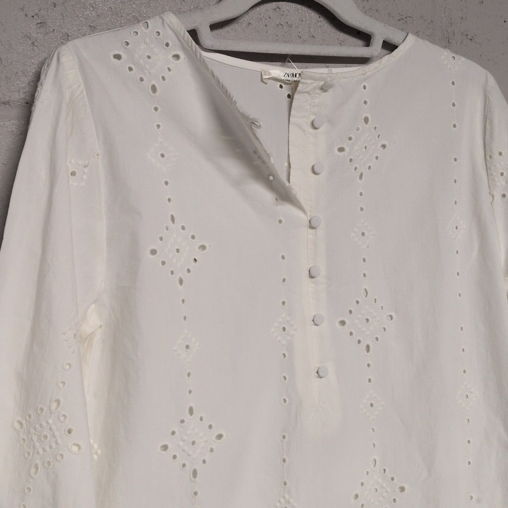 ZARAHome Women's Off-White Eyelet Cotton Tunic Dress, XS, NWOT, Cottagecore - Picture 3 of 6